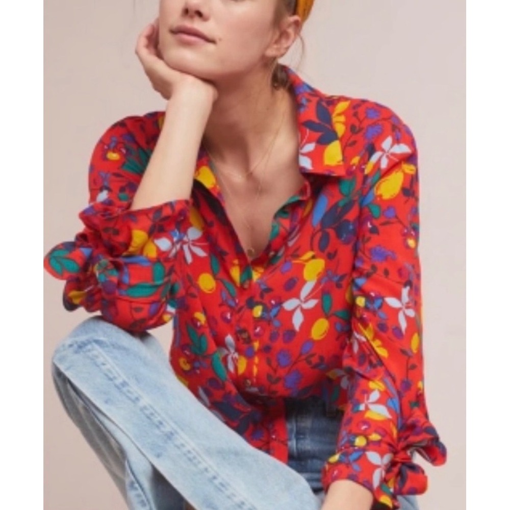 Maeve Anthropologie Blithe Blouse Fruit Print Colorful Novelty Ruffle Sleeve Top
